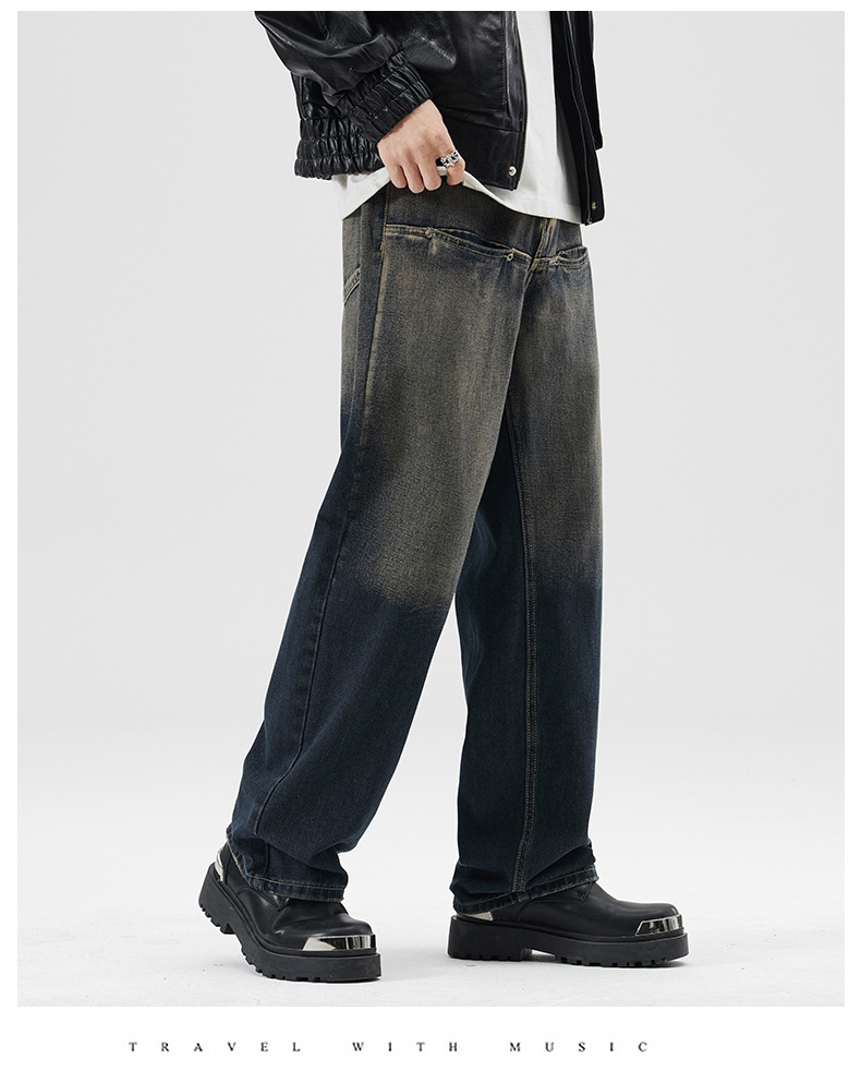 春季怀旧美式高街复古牛仔裤男士潮牌宽松直筒个性设计感做旧裤子详情12