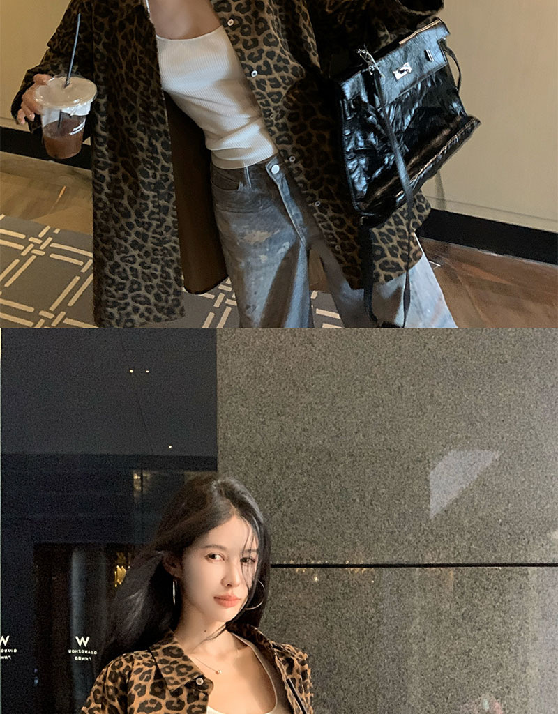 美式复古豹纹Polo领衬衣外套女早秋慵懒风宽松气质中长款风衣上衣详情15