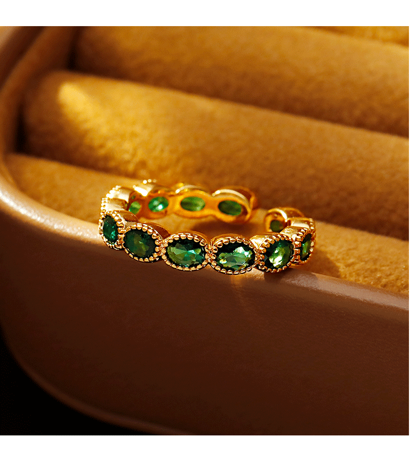 Hyacinth复古港风祖母绿开口戒指女款抖音直播爆款轻奢可调节指环铜镀金色详情5