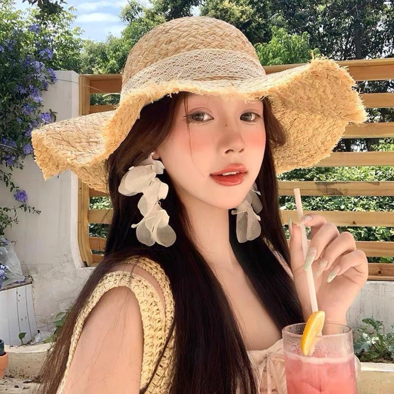 French lace-trimmed bow straw hat, summer seaside vacation beach woven sun hat, sun-protective hat, adult hat pic 3