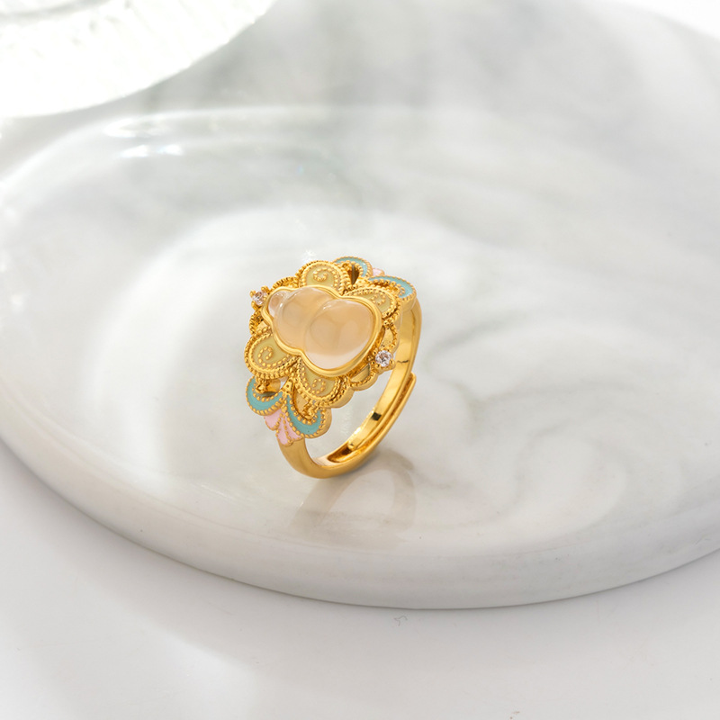 新中式复古拼色葫芦戒指女小众设计感国潮贵气桃色花朵气质食指戒详情8