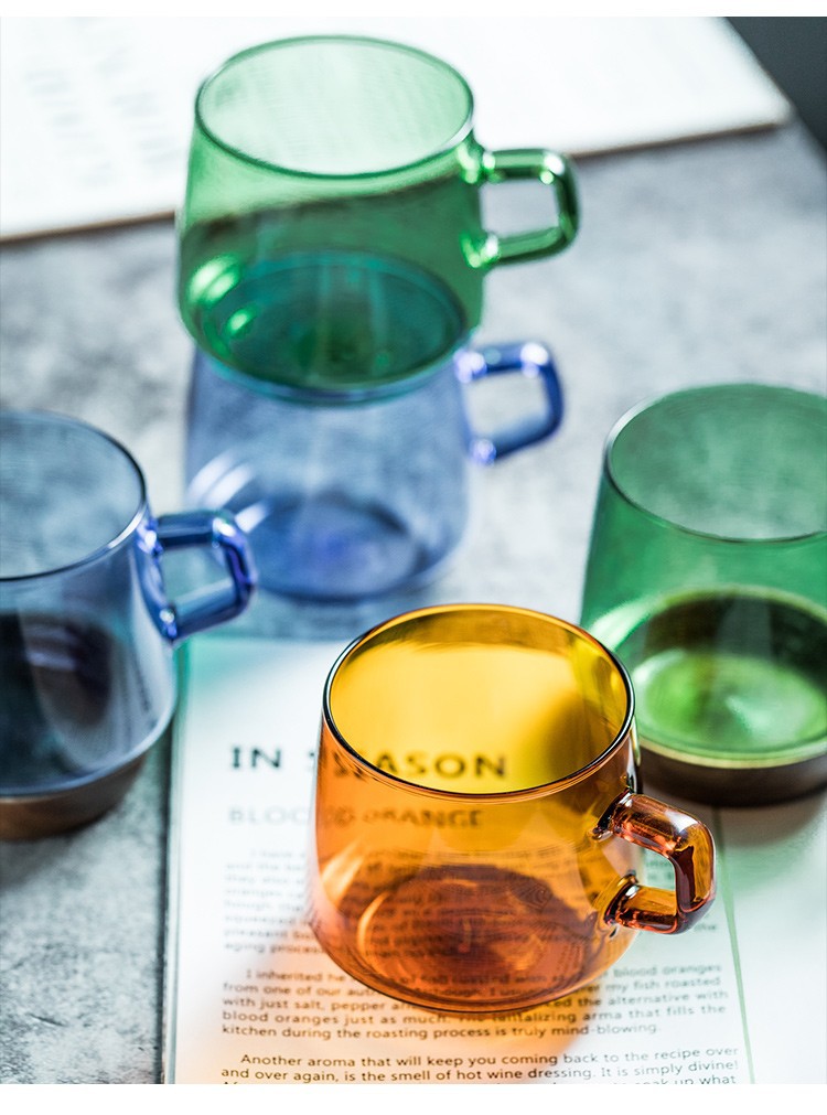 Colored heat-resistant glass water cup, coffee cup and saucer set, suitable for open flame microwave oven, high appearance level, ins light luxury mug pic 7