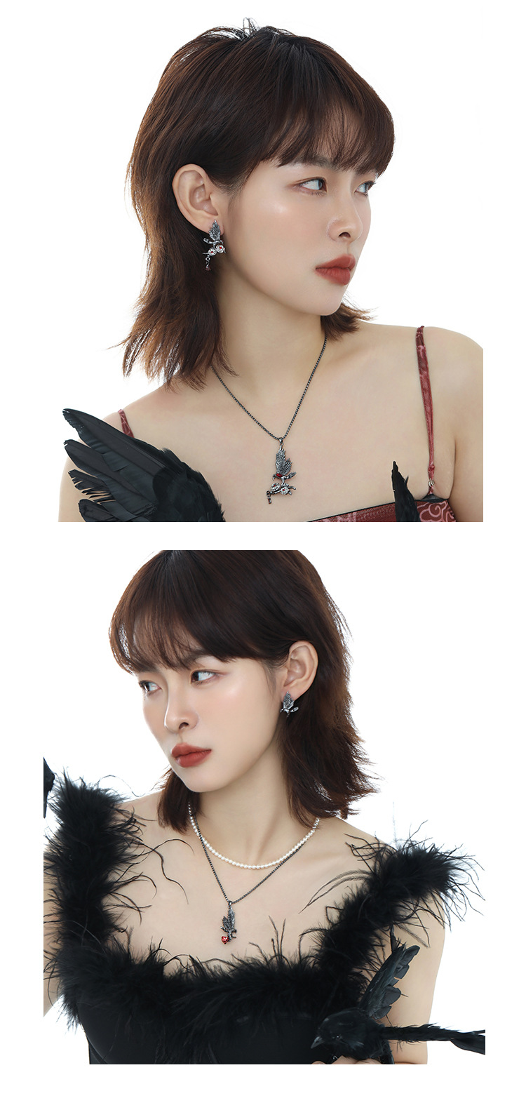 2025新款原创设计暗黑风红色锆石渡鸦玫瑰耳环轻奢高级感小众耳饰 pic 10