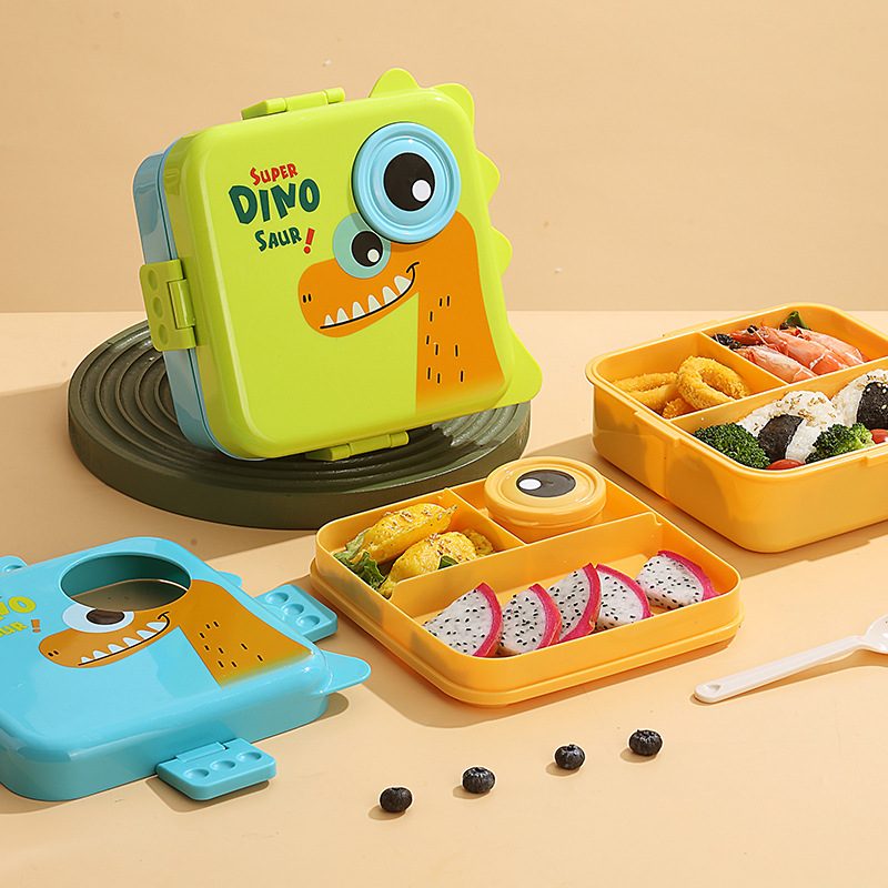 Dinosaur sauce cup lunch box, plastic PP microwave heating tape rice box, double-layer separated salad lunch box wholesale pic 18