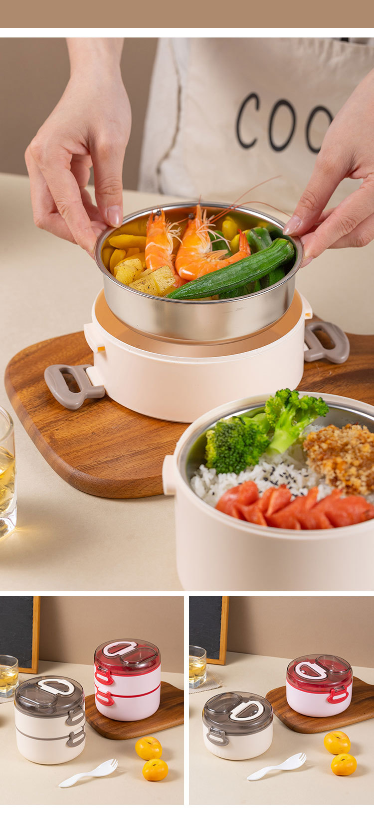 Customized portable double-layer round lunch boxes for office workers, microwave stainless steel multi-layer lunch buckets, double-layer bento boxes pic 12
