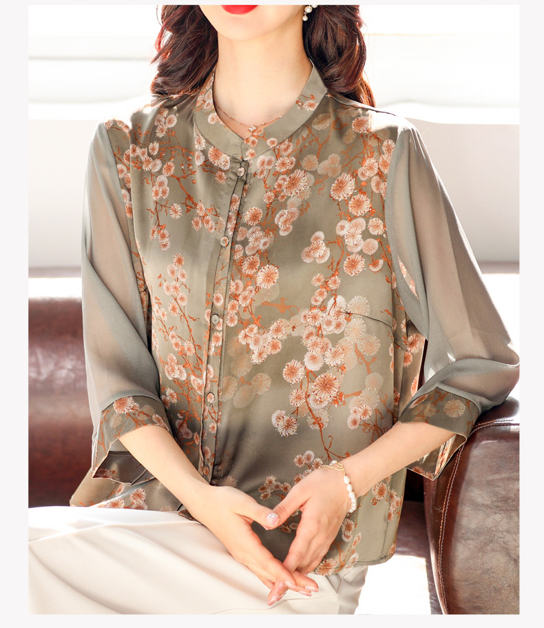 50岁妈妈夏装长袖真丝衬衫老人洋气上衣服中老年女春装桑蚕丝衬衣详情12