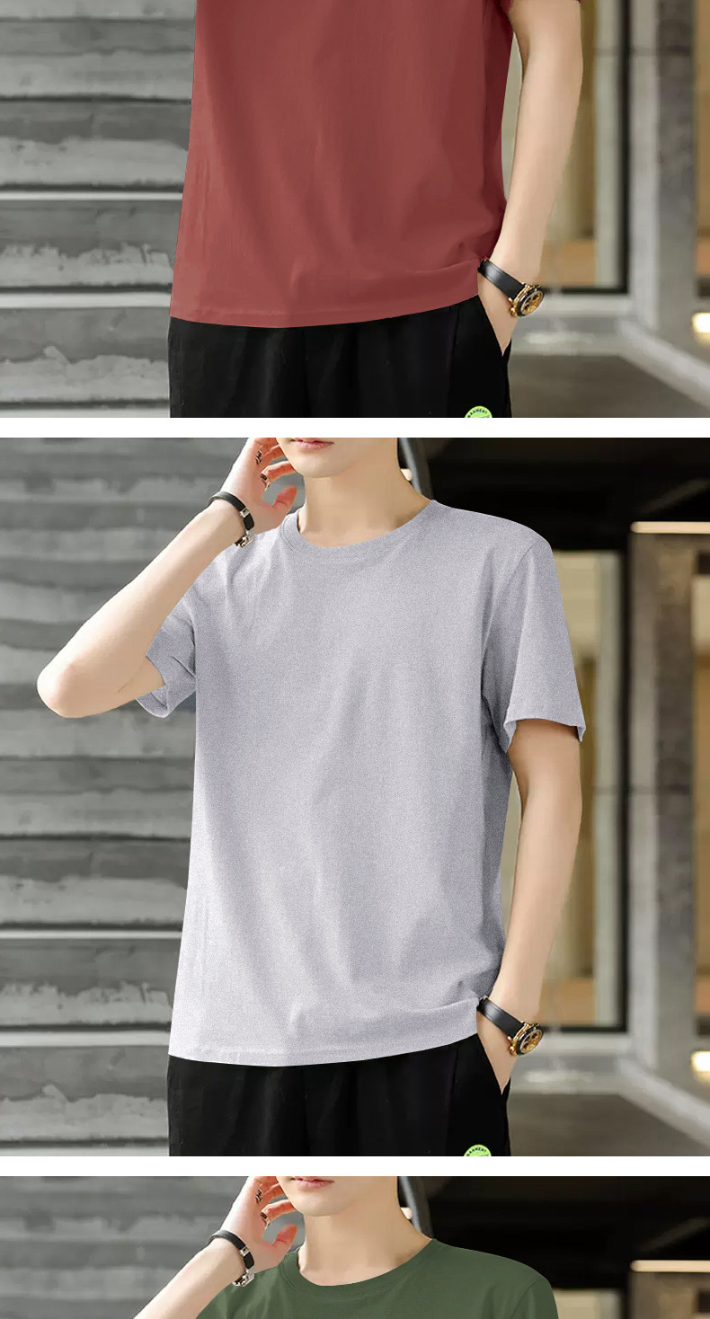 Algodón manga corta camiseta hombre verano slim slim cuello redondo versión en color sólido top tendencia media juventud casual legging pic 9