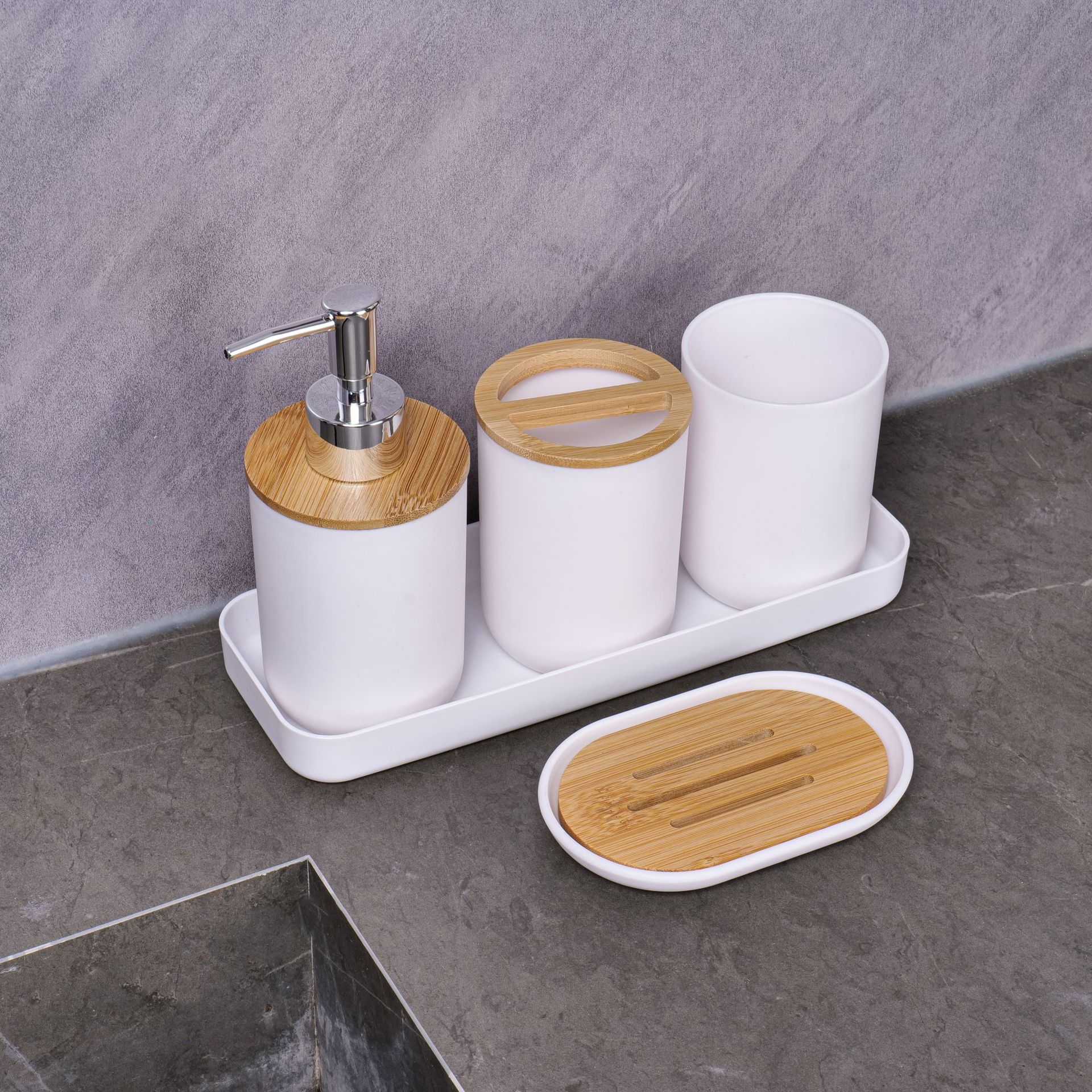 YUFEI跨境卫浴洗漱竹木六件套乳液泵牙刷杯肥皂盒北欧风简约套装详情23