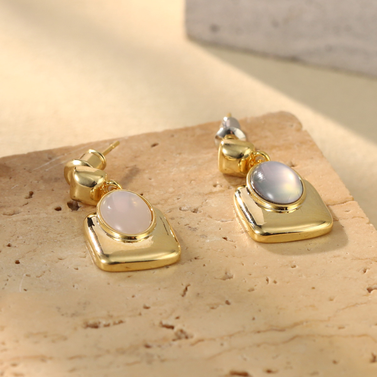 French geometric metal minimalist earrings with an irregular texture, white lava ring and enamel adjustable joints pic 33