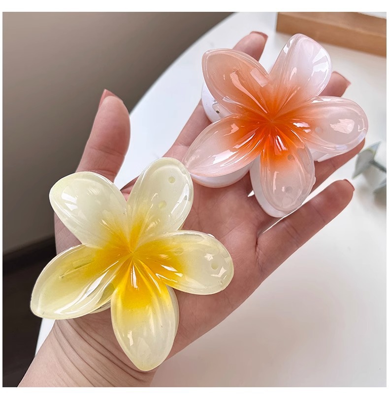 欧美跨境彩色鸡蛋花发夹花朵抓夹复古女士侧抓半抓后脑勺鲨鱼夹详情12