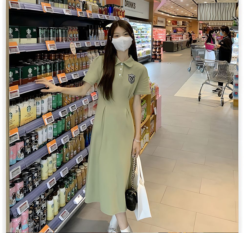 夏季POLO领短袖连衣裙女收腰显瘦过膝长裙学院风中长款休闲A字裙详情9