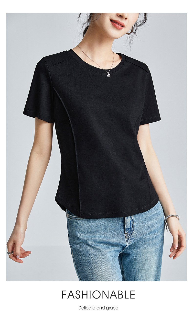 The same style of white short-sleeved off-the-shoulder T-shirt for women in the mall, 25 summer mercerized cotton round-neck base layer T-shirt, half-sleeved pic 33