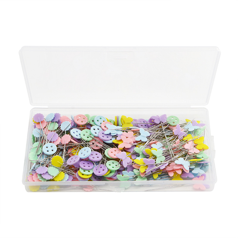 Cross-border PP hanging box contains 300 pieces per box, featuring multiple combinations of patterned needles, large-head quilted straight needles, butterfly and plum blossom button needles pic 4