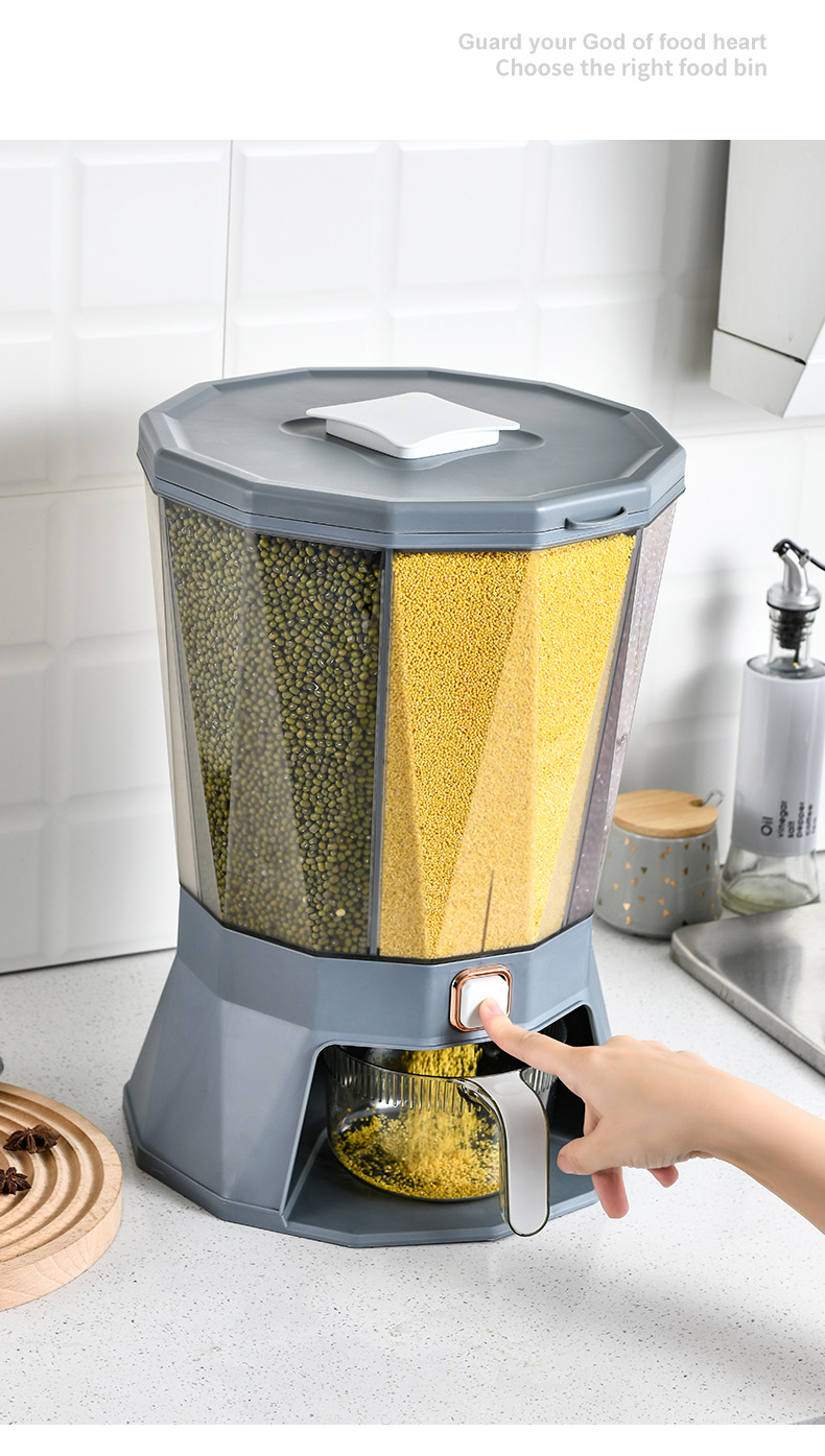 Kitchen classified rotating rice bucket, grain and cereal compartments, press-sealed jar, household moisture-proof and insect-proof plastic rice storage bucket pic 24