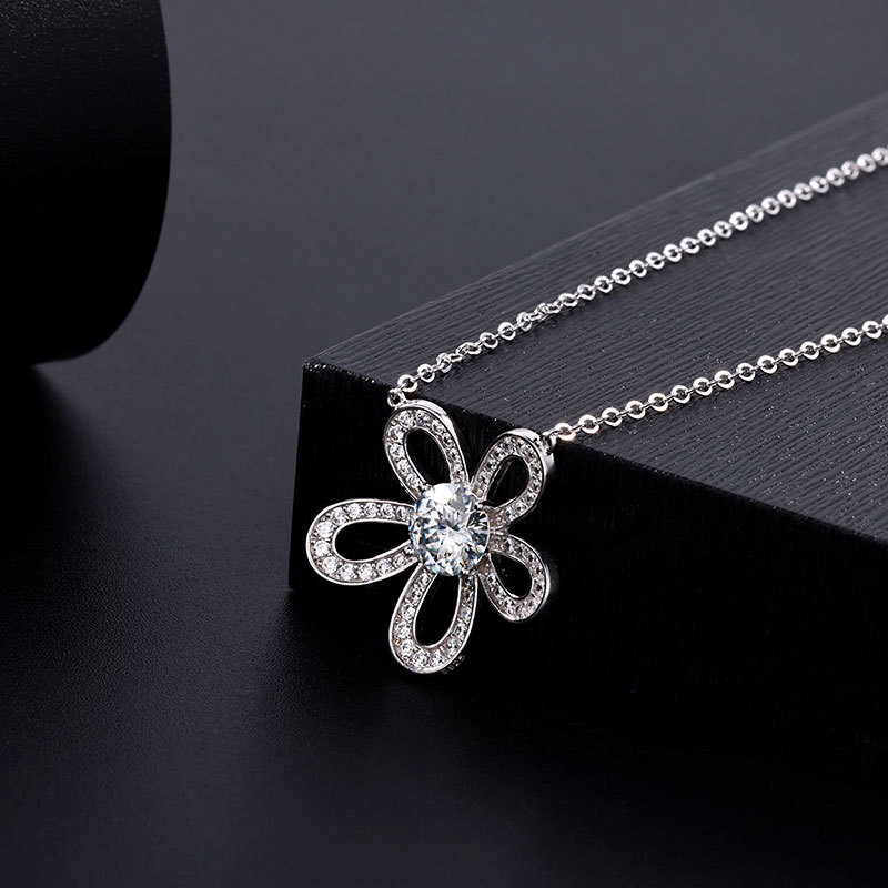 Silver light luxury, niche female full diamond sunflower collarbone chain, popular hollowed-out pendant, moissanite, pure silver camellia pic 9