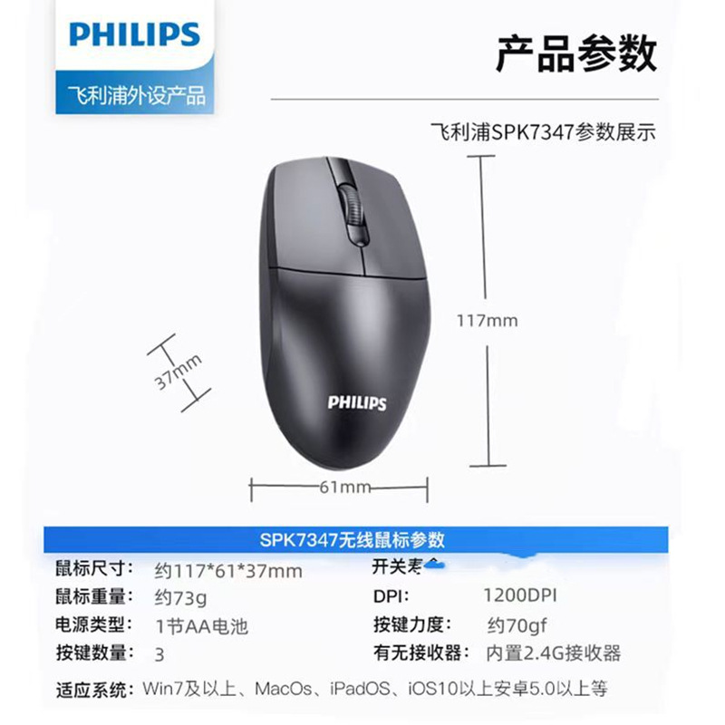 Philips飞利浦SPK7247有线USB鼠标家用办公台式 笔记本无线鼠标详情18