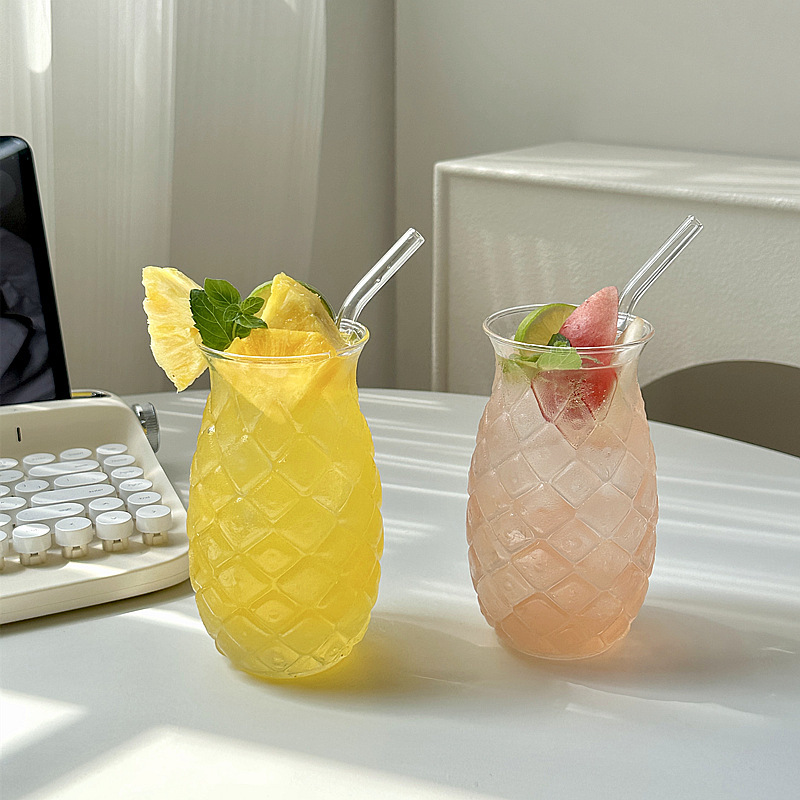 透明菠萝杯果汁玻璃杯吸管冷饮杯简约水杯家用玻璃单层杯冷萃杯详情1