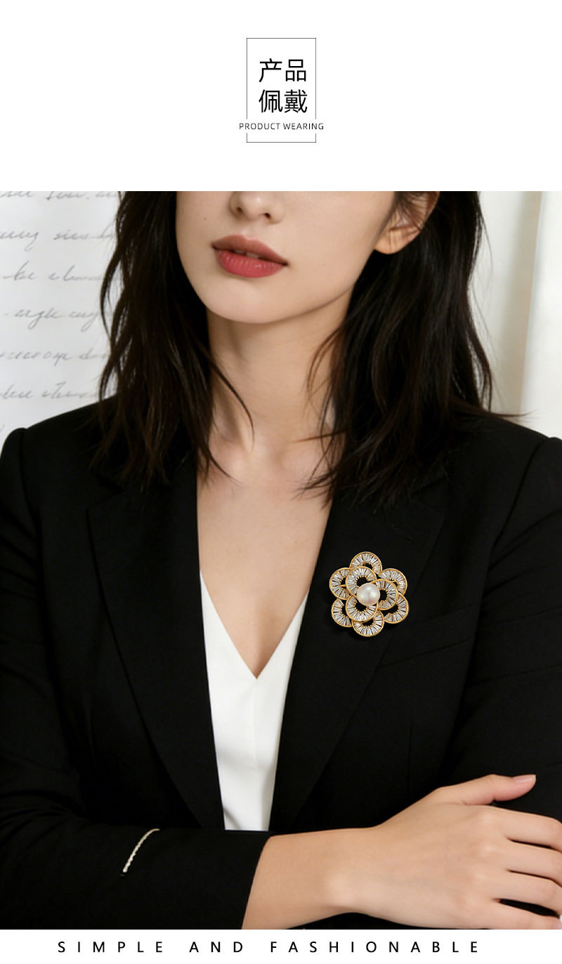 French elegant freshwater pearl camellia brooch, copper alloy inlaid with zircon, real gold electroplated, high-end fashion pin pic 13
