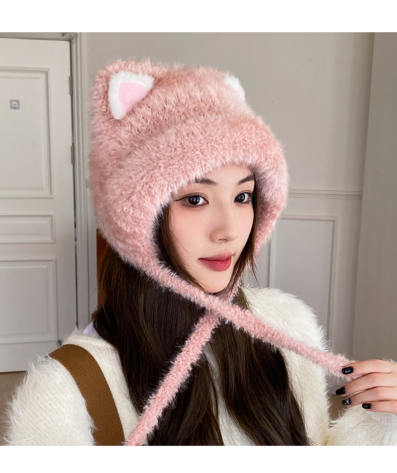 Brand [Sondona] Woolen hat, suitable for all ages, new winter style for women, cartoon and cute little cat, knitted woolen faux rabbit fur, warm ear-protecting hood pic 16