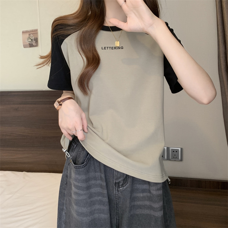 短袖T恤女夏季印花字母打底衫大码显瘦休闲正肩撞色抽绳上衣外穿详情21