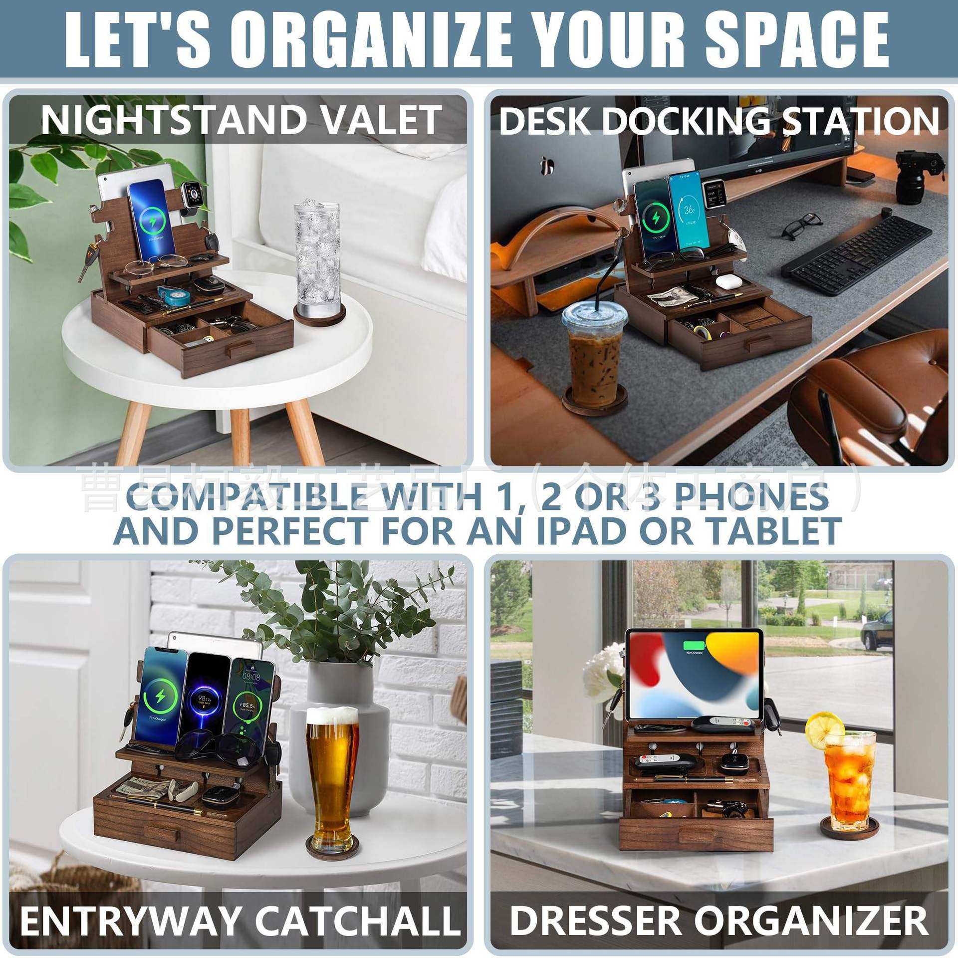 Wooden phone stand with drawer, desk watch, keychain, wallet stand, solid wood phone charging stand pic 8