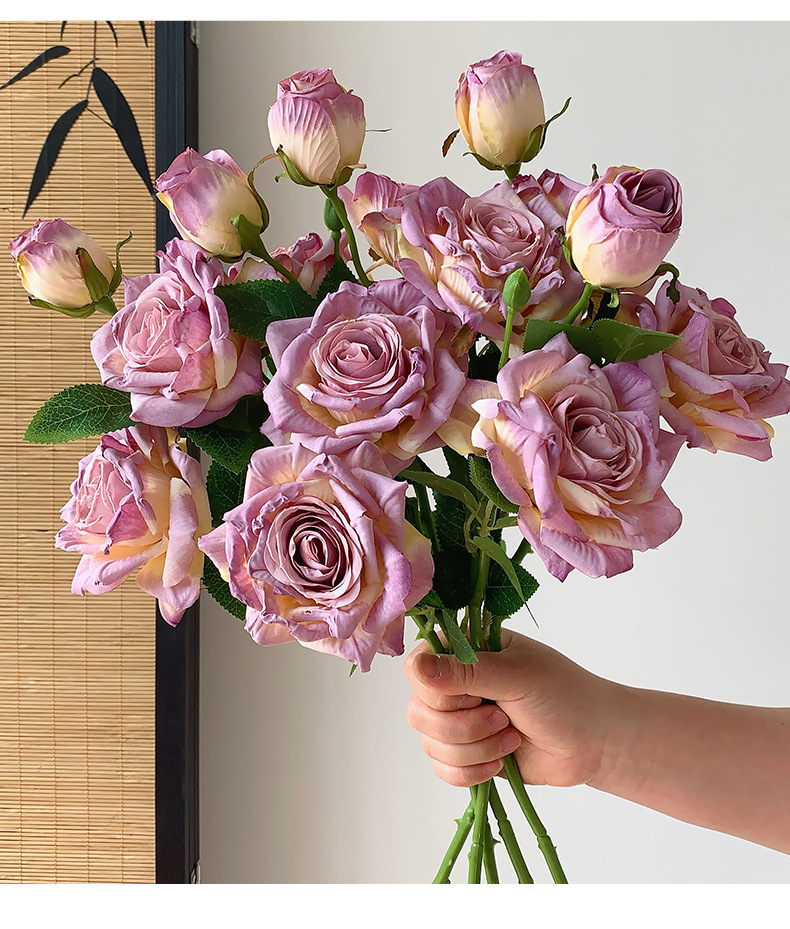 法式油画焦边3头玫瑰花仿真花干花假花花束摆设客厅装饰拍照道具详情19