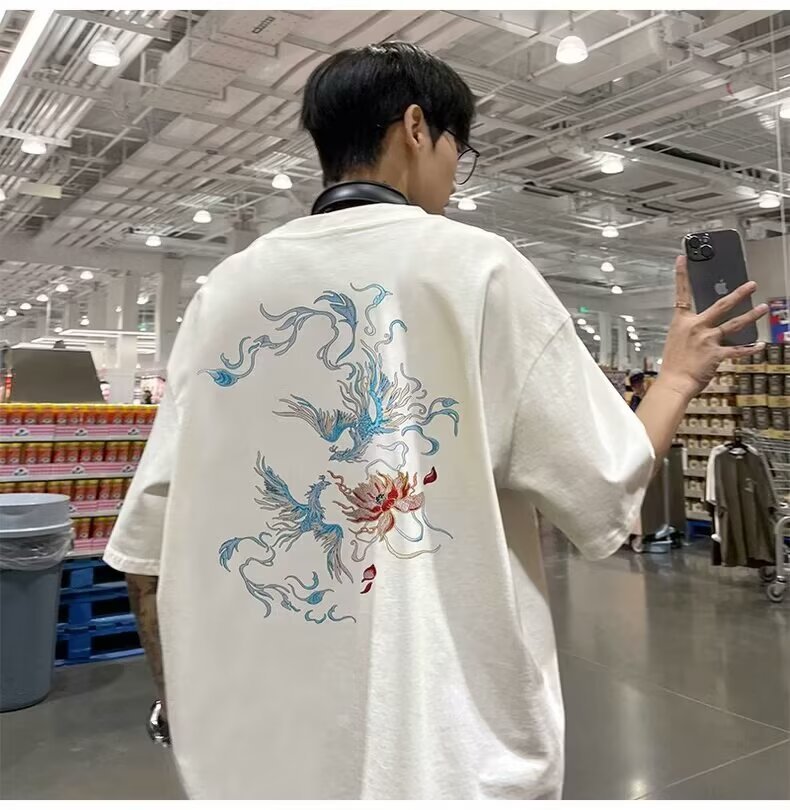 国潮中国风衣服白色纯棉短袖t恤男宽松大码凤凰潮牌重磅半袖夏季详情18