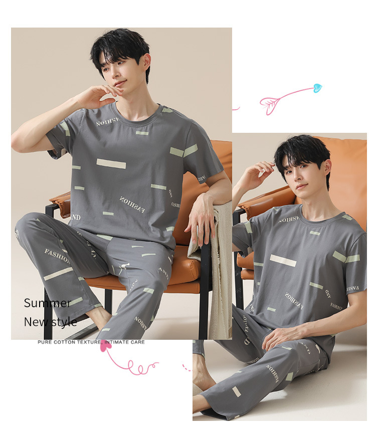 Summer pure cotton pajamas for men, cartoon casual short-sleeved shirts and long pants, pure cotton comfortable home wear, summer youth student set pic 119