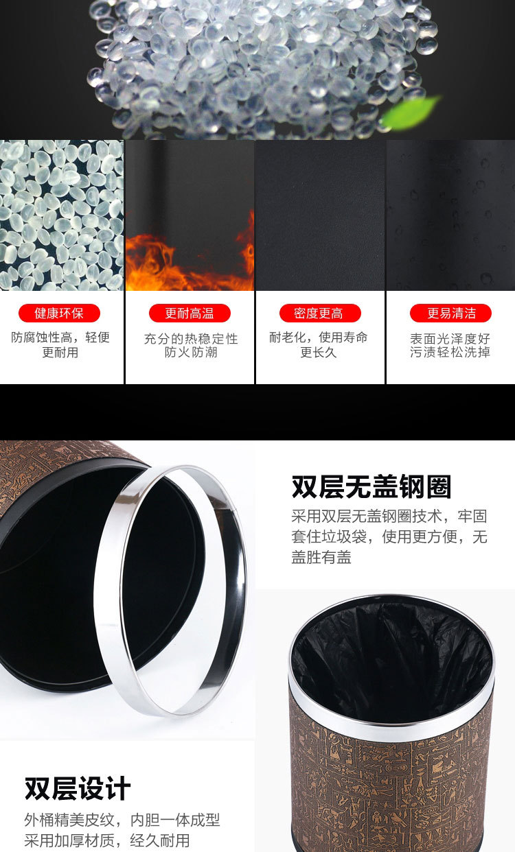 酒店专用客房垃圾桶家用洗手间不锈钢办公室长方形双层无盖带压圈详情2