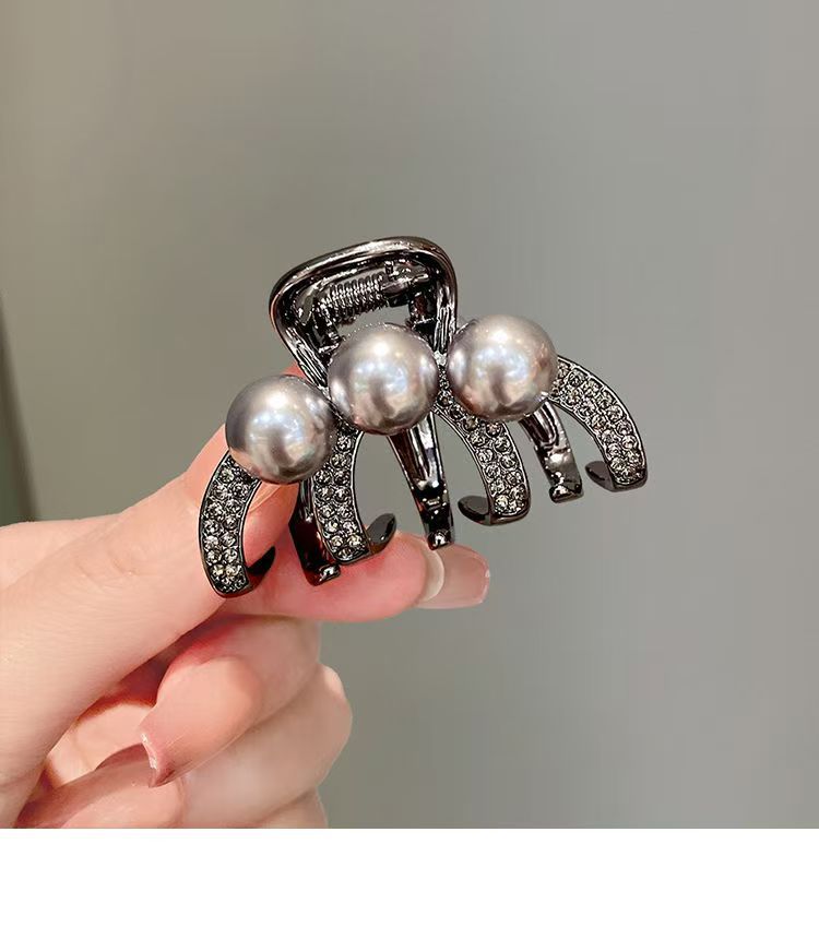 高级感枪黑色水钻珍珠抓夹中号发夹后脑勺半扎气质ins鲨鱼夹发饰详情4