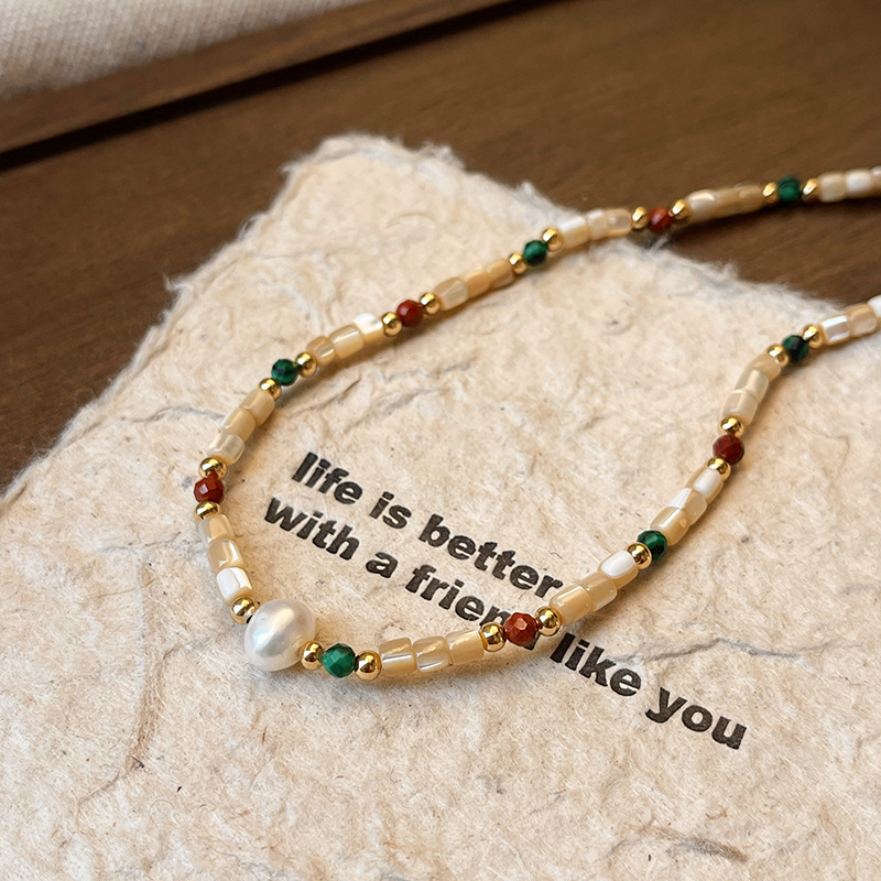 钛钢天然石贝壳淡水珍珠项链女气质轻奢时尚颈链孔雀玛瑙锁骨链详情8