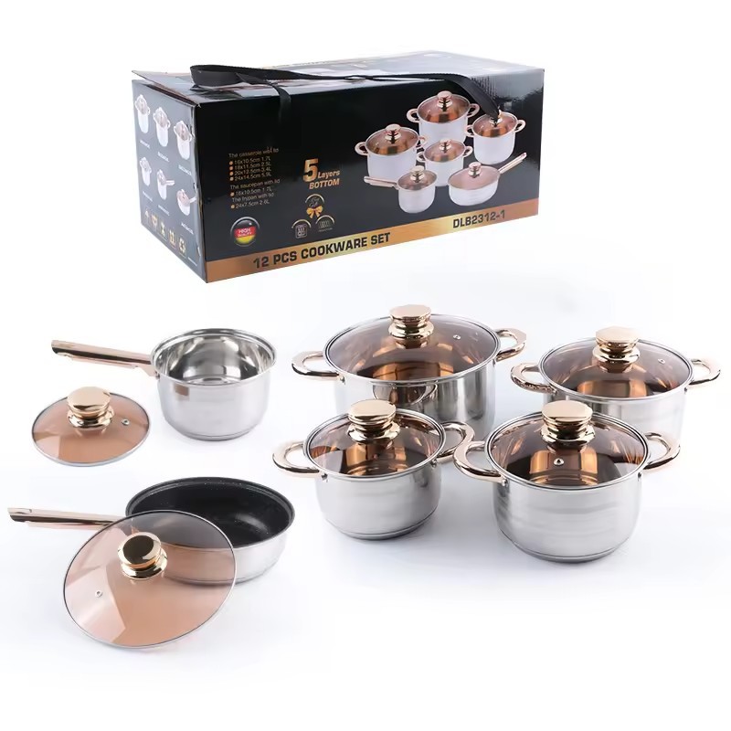 Hot-selling 12-piece stainless steel cookware set, thickened double-bottom soup pot, flat pan, cross-border export pot set pic 1