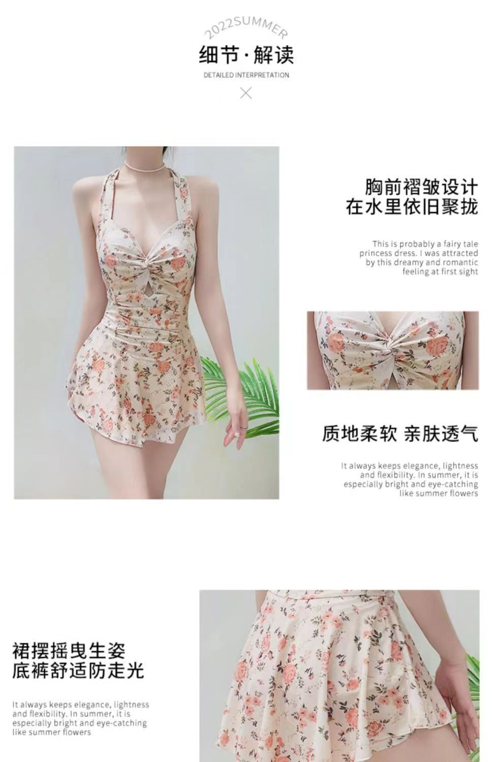 Swimsuit women, conservative one-piece sexy, hot spring Internet celebrity style, high-end look, floral print, slimming, concealing flesh, small breasts, pure and alluring style pic 5