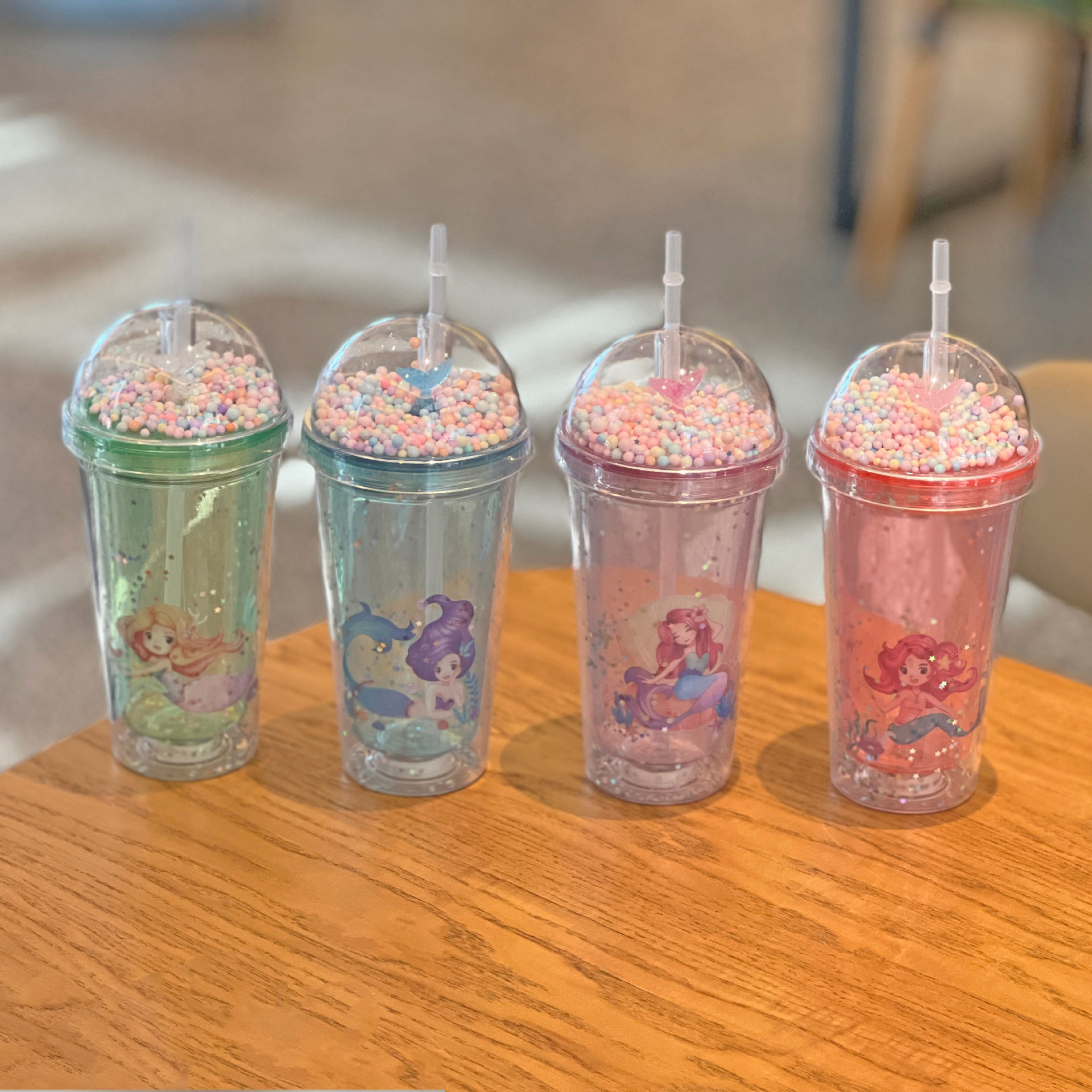 创意卡通美人鱼塑料吸管杯子夏日双层碎冰杯网红可爱塑料水杯批发详情4