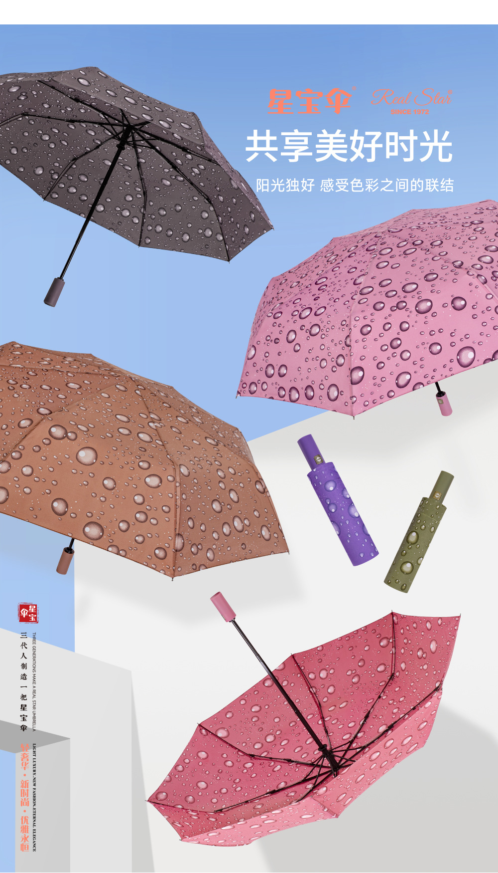 外贸六色雨滴图案自动三折伞防风遮阳自开收雨伞现货日用百货详情4