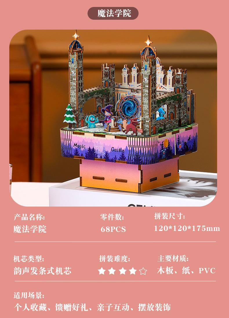 Wooden assembly DIY music box, fun cultural and creative Alice Tea Party, Magic castle music box, classic replica assembly handcrafted gift pic 19
