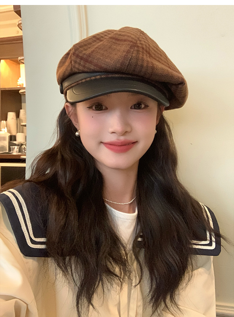Cool and elegant checkered retro British octagonal newsboy hat for women 2024 new style face-enhancing small beret pic 12