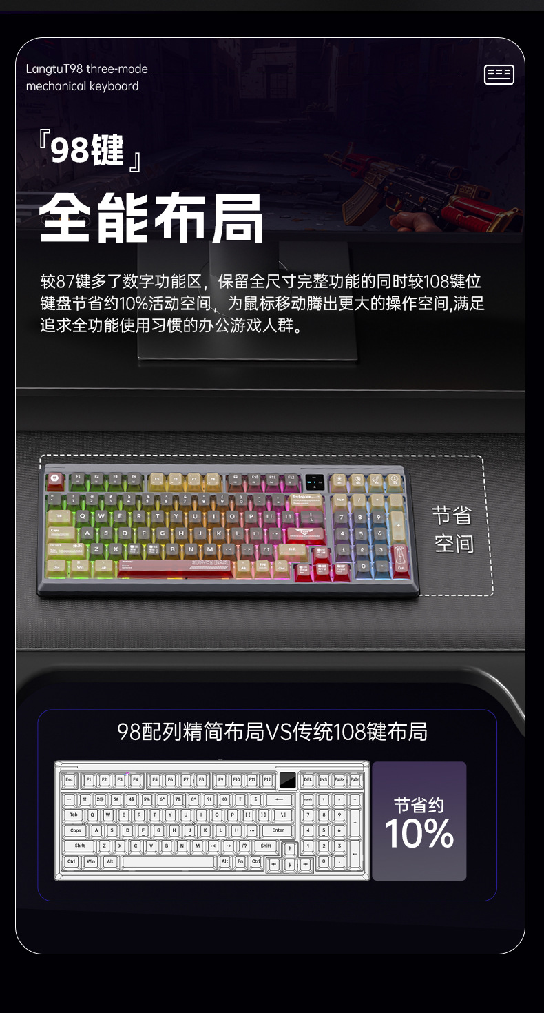 The Wolf Path T98 three-mode mechanical keyboard is a customized hot-swaddable full-key, anti-rush keyboard specifically designed for gaming and office use pic 14