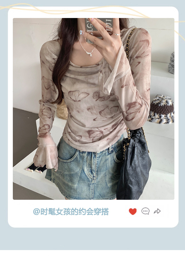 实拍纯欲防晒网纱T恤2024早秋季新款纯欲褶皱不规则气质性感上衣详情1