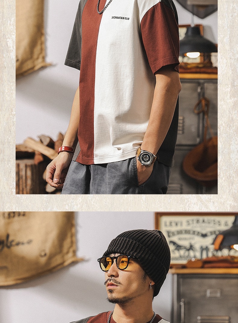 拼接撞色设计短袖男夏季2025新款美式复古重磅T恤男纯棉宽松上衣详情10