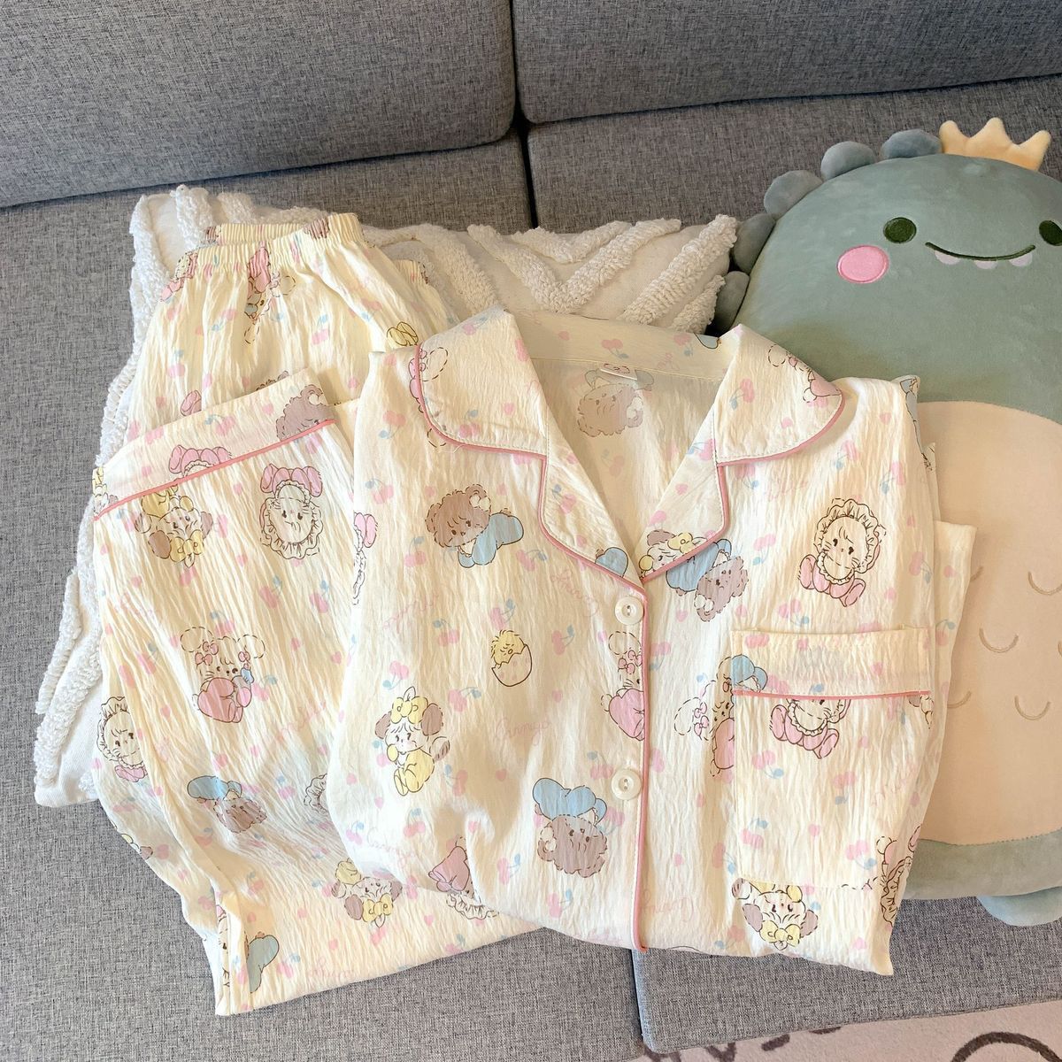 Cute cartoon mikko pajamas for girls in spring and autumn, cloud cotton long-sleeved, sweet student and Internet celebrity home wear set for summer pic 4