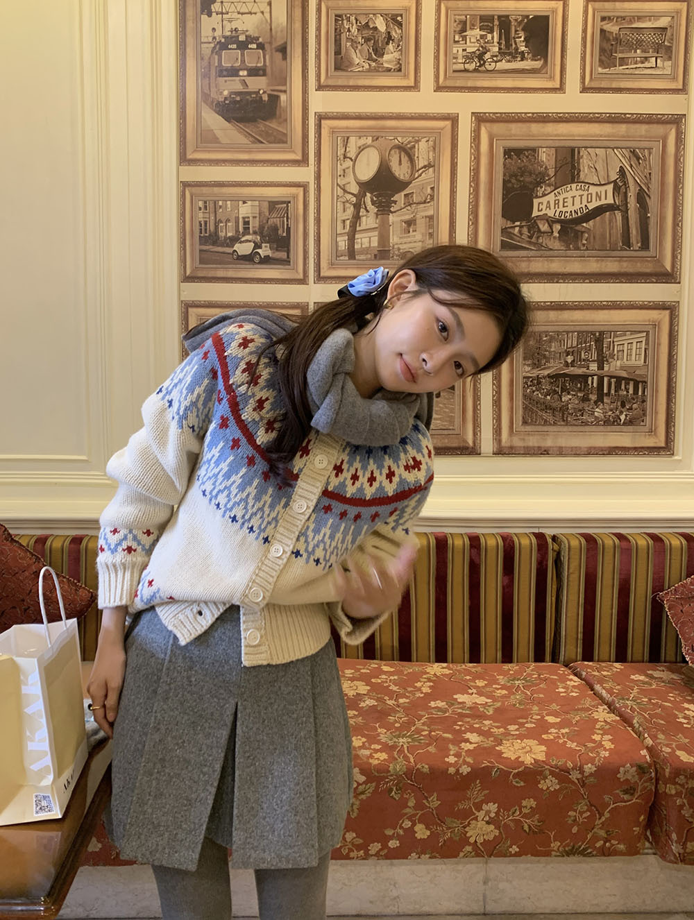 费尔岛复古美式少女撞色波普提花单排扣针织开衫厚实保暖毛衣外套详情50