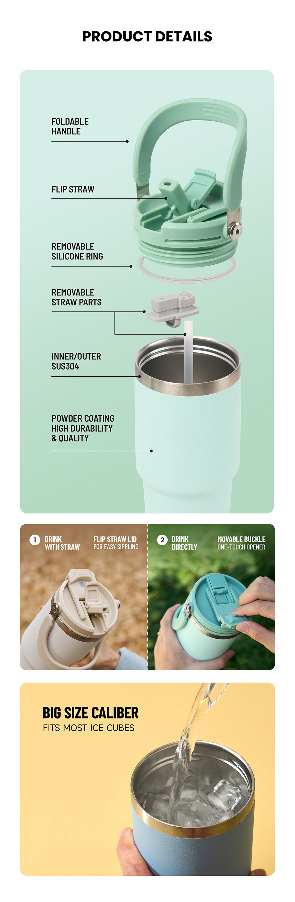 TYESO/ Taishuo stainless steel insulated cup, double-layer cold preservation portable ice cup, double-drinking car large-capacity water cup pic 7