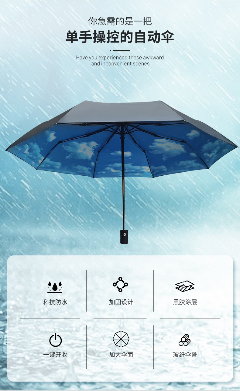 Fully automatic 8-bone outdoor umbrella, all-weather umbrella, umbrella for sun protection, automatic black rubber umbrella, folding umbrella pic 3