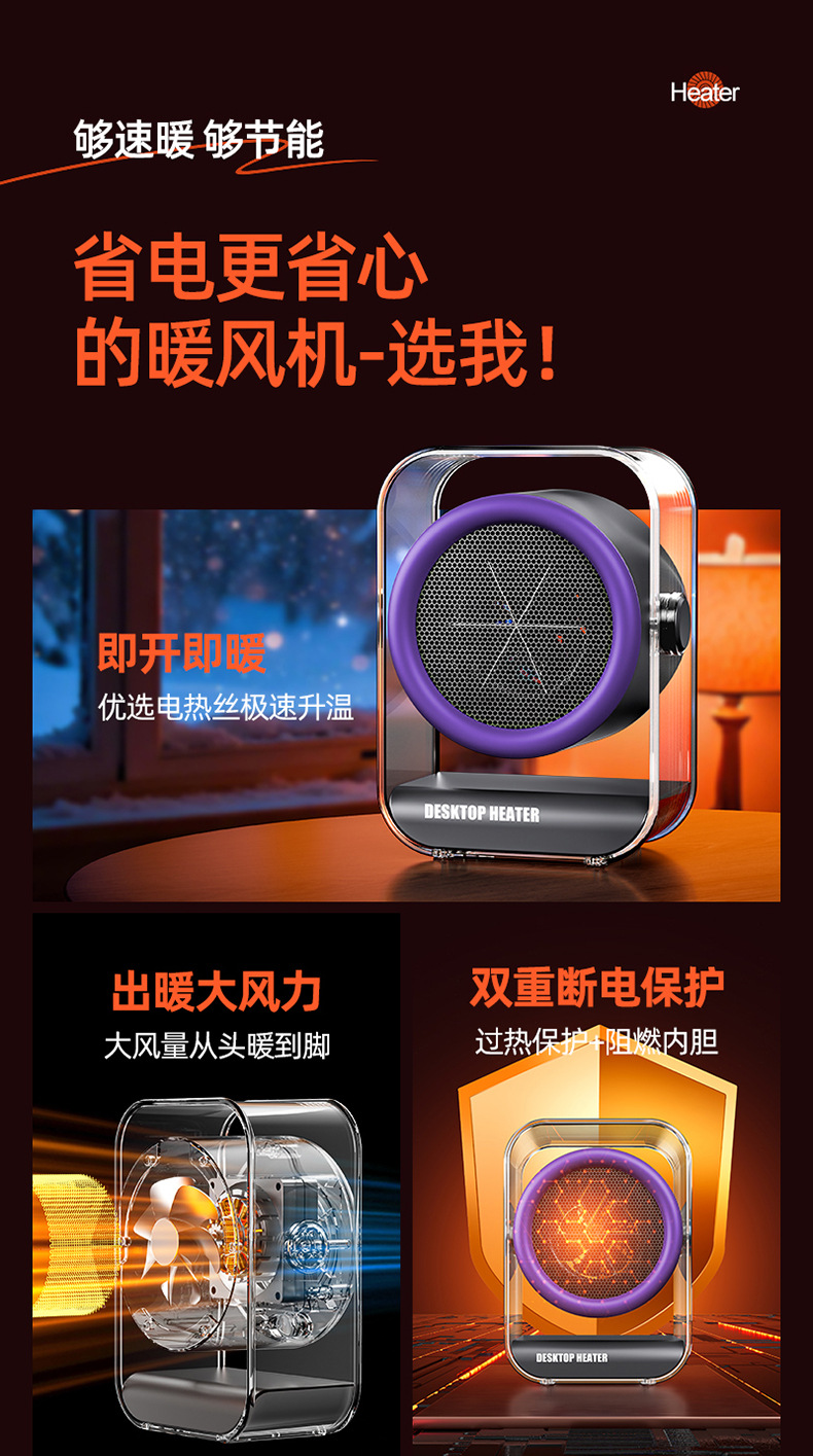新品桌面取暖器快热办公室智能热风机便携式小型暖风机宿舍跨境详情7