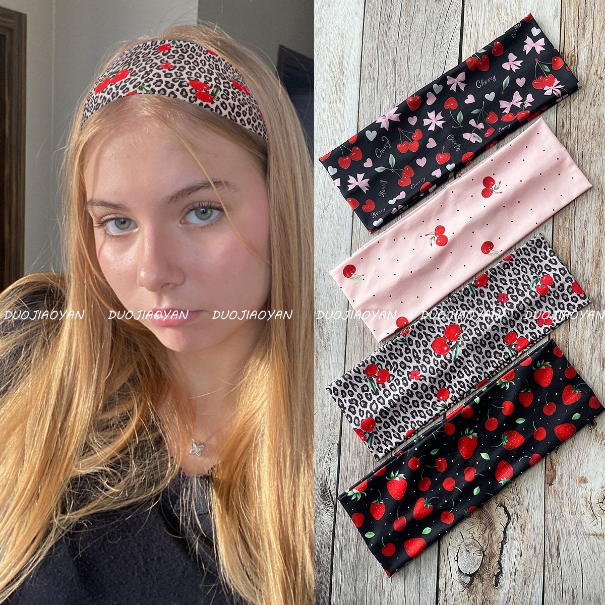 The new cherry-printed hair band from Europe and America is fashionable, sweet and cool. It features a fruit-patterned hair accessory with wide edges and a flat elastic band for women pic 3