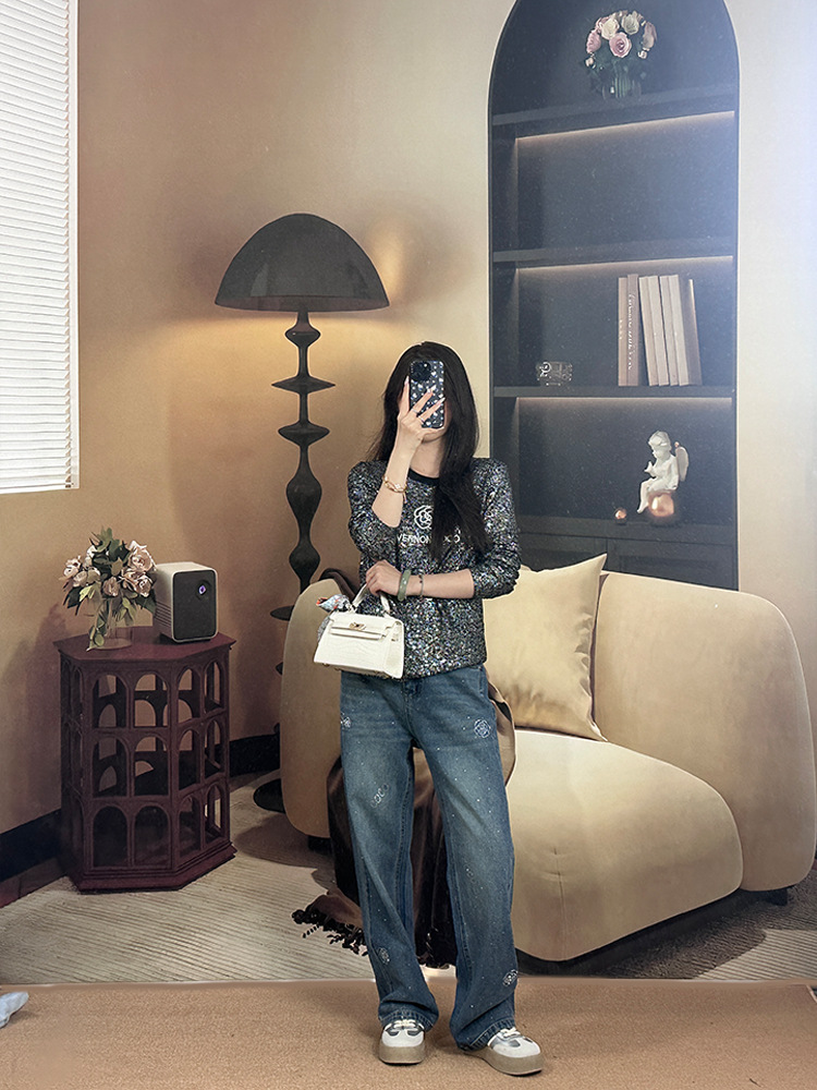 女士休闲烫钻牛仔裤阔腿2025新款春秋小个子显瘦遮肉大码直筒裤子详情8