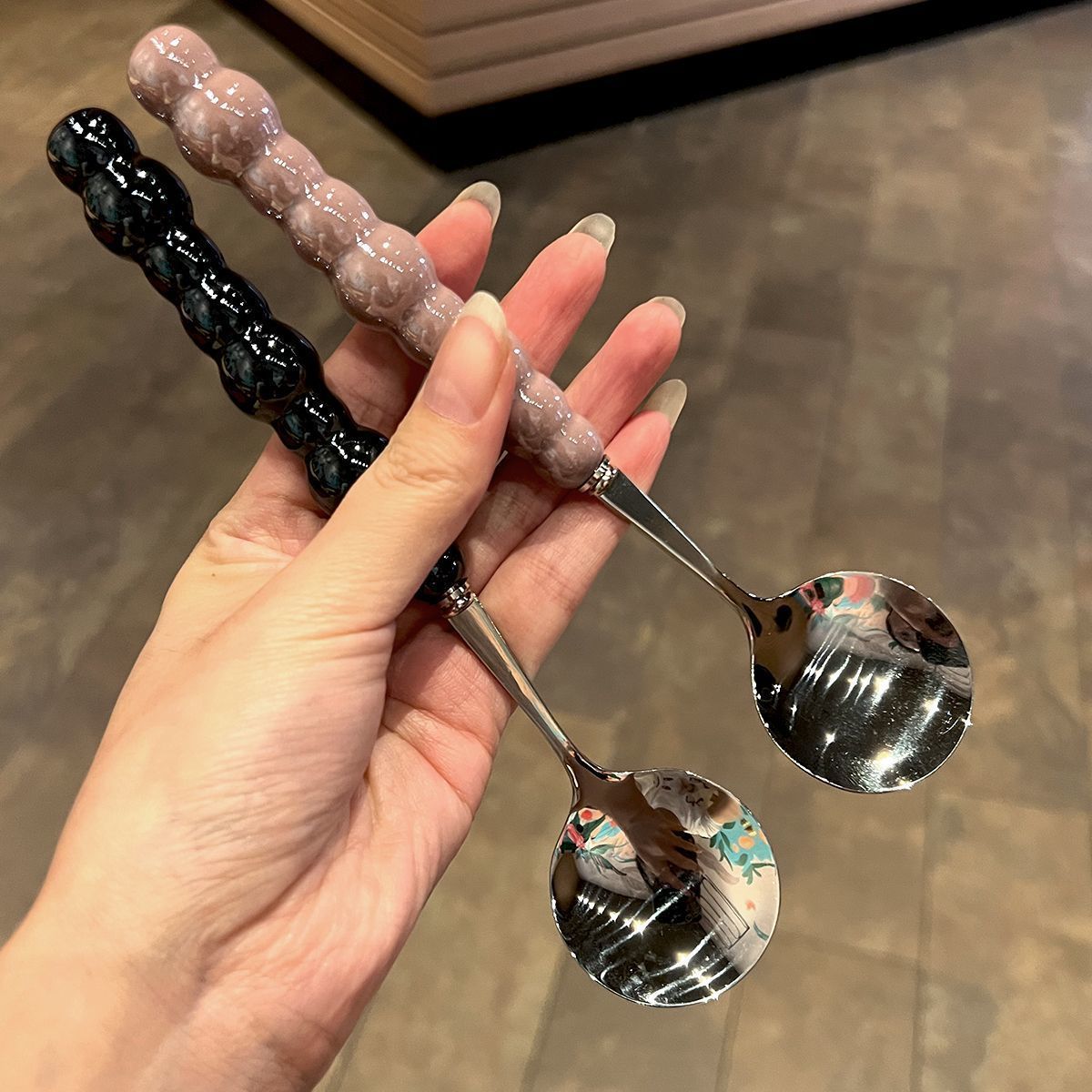 新款珍珠不锈钢勺子陶瓷柄少女心吃饭勺汤勺圆勺可爱勺子ins创意详情9