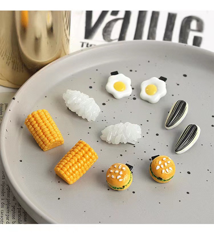 Super cute simulation food mini clips, strange hair clips, funny food, rice, poached eggs, corn and melon seed clips pic 2