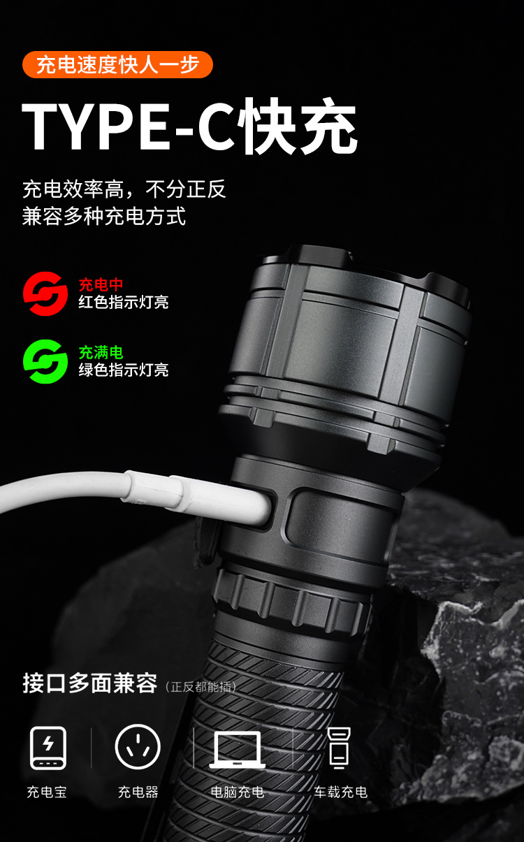 跨境新款白激光超亮强光LED照明手电筒变焦充电户外远射大功率详情13